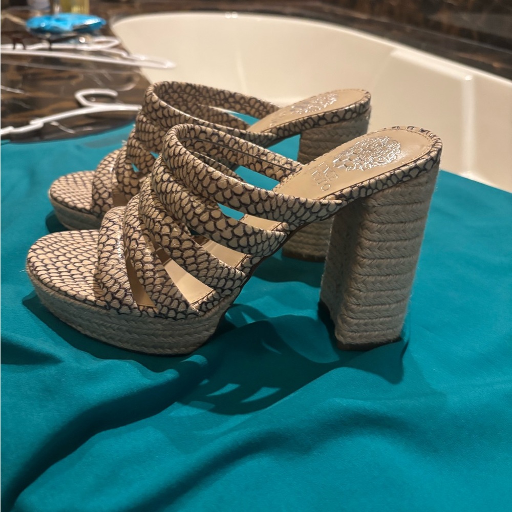 Vince Camuto Beige Woven Platform Mule Sandals
